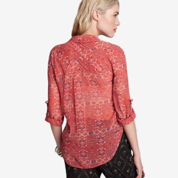 Free People Easy Rider Blouse Size M Red Boho Artsy Eclectic Beachy Flowy Summer - Picture 6 of 14